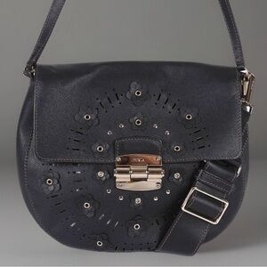 Furla Club Floral Crossbody Saddlebag Cutouts Black Calf’s Skin Leather EUC